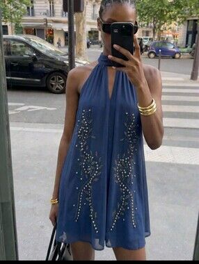 Women Boho Dusty Blue Halter Sleeveless Mini Dress With Studded Plant Patt